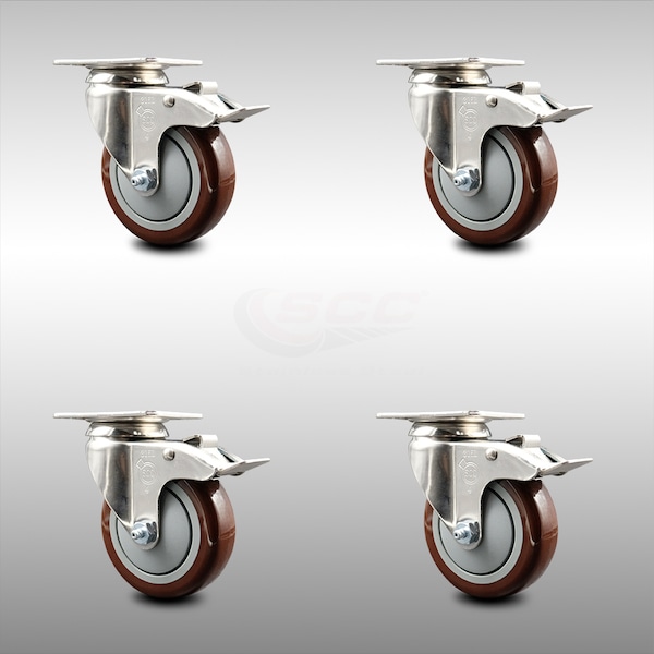 4 Inch 316SS Maroon Polyurethane Swivel Top Plate Caster Set Total Lock Brake